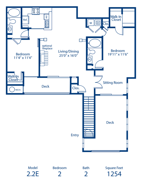 Floor plan for 2 beds, 2 baths, 1254 sqft
